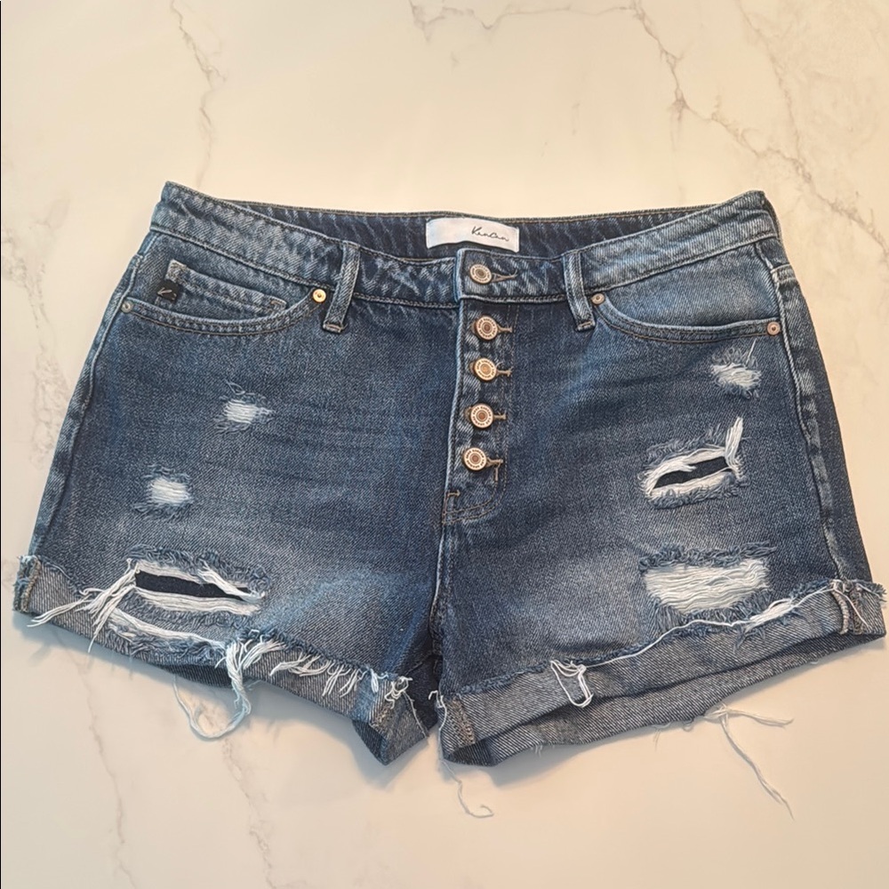 KanCan Blue Distressed Jean Shorts with Raw Hem